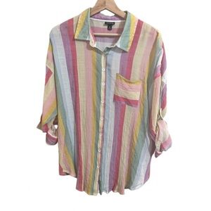 Torrid Size 0(Large) Striped Colorful Pastel Button Up Shirt Roll-Tab Sleeve